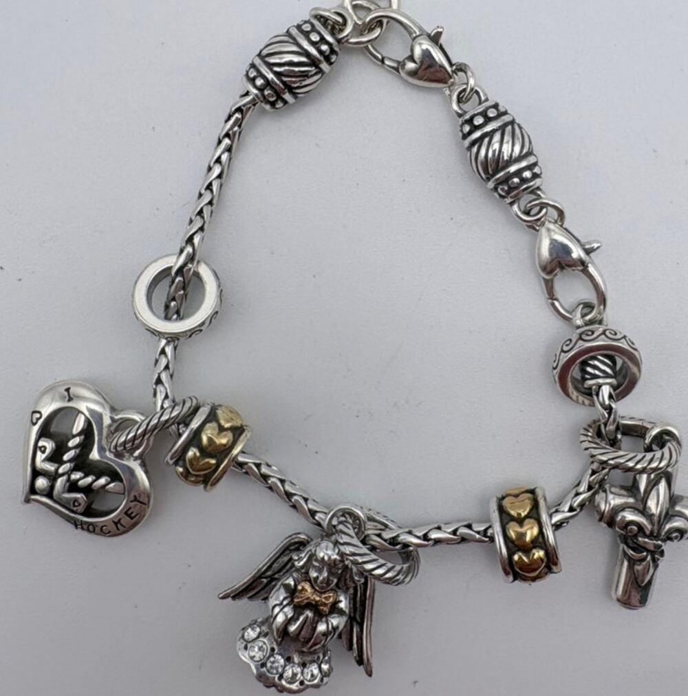 Brighton Silvertone Charm Bracelet with 3 Charms and 4 Decorative Spacers